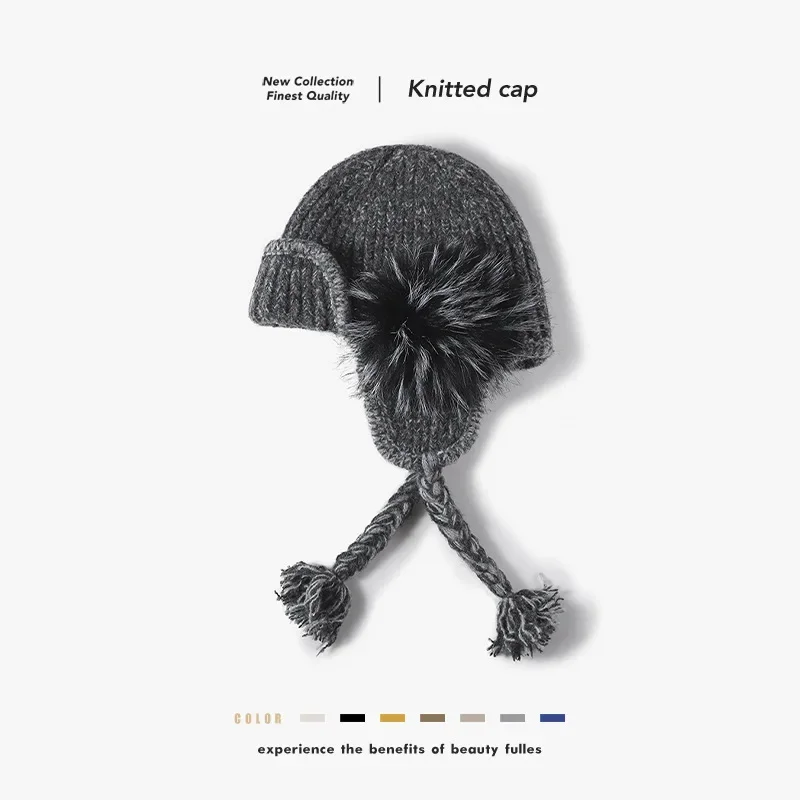 Women Autumn Winter Pom Pom Ear Cover Cable Knit Tie Wool Blend Warm Solid Tassel Beanie