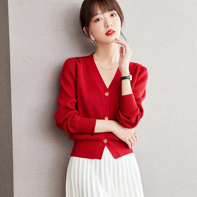 Red Knitted Cardigan V-neck Single Breasted Sweater Coat Autumn Winter Women Elegant Chic Slim Casual Short Wool Jacket C2663