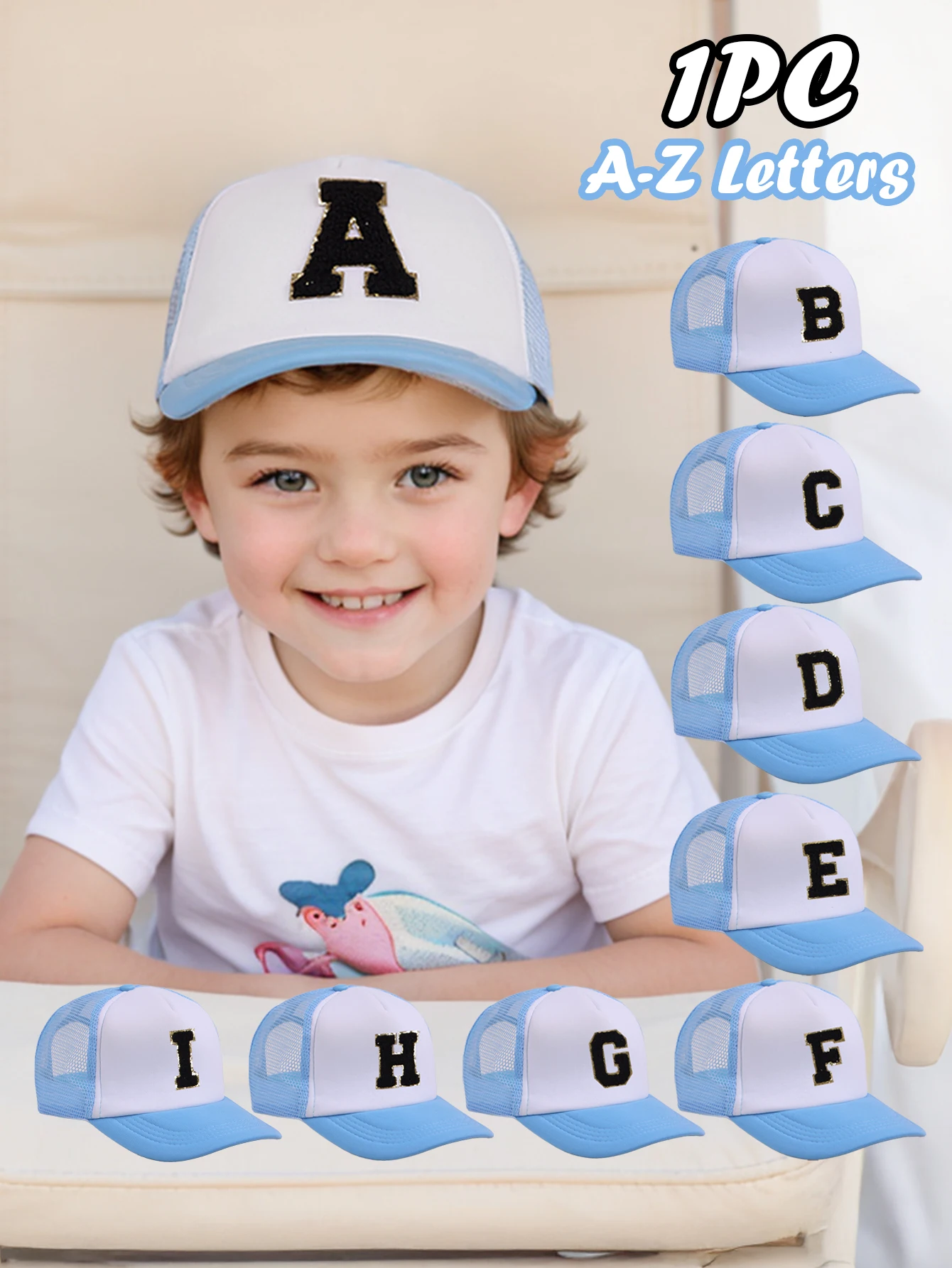 

1 шт. синяя кепка с 26-значным буквенным узором, детская кепка для мальчиков и девочек, бейсболка, кепка с козырьком от солнца, подходит для активного отдыха на природе.