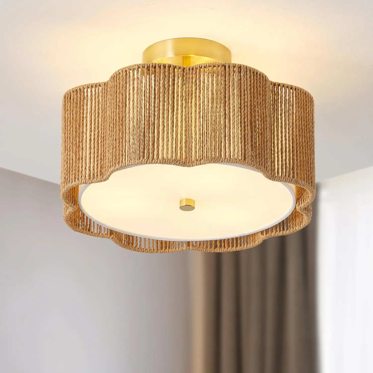 Rattan Ceiling Light Fixtures Flush Mount,3-Light Boho Light Fixtures Ceiling Mount For Bedroom,Close To Ceiling Light Modern