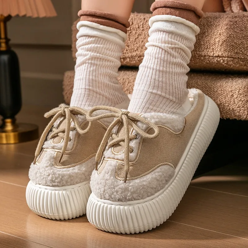 الشتاء المرأة نعال قماش سميكة الصوف الدافئة المنزل أحذية قطنية في الهواء الطلق سميكة سوليد الثلوج الأحذية منصة النعال داخلي #5