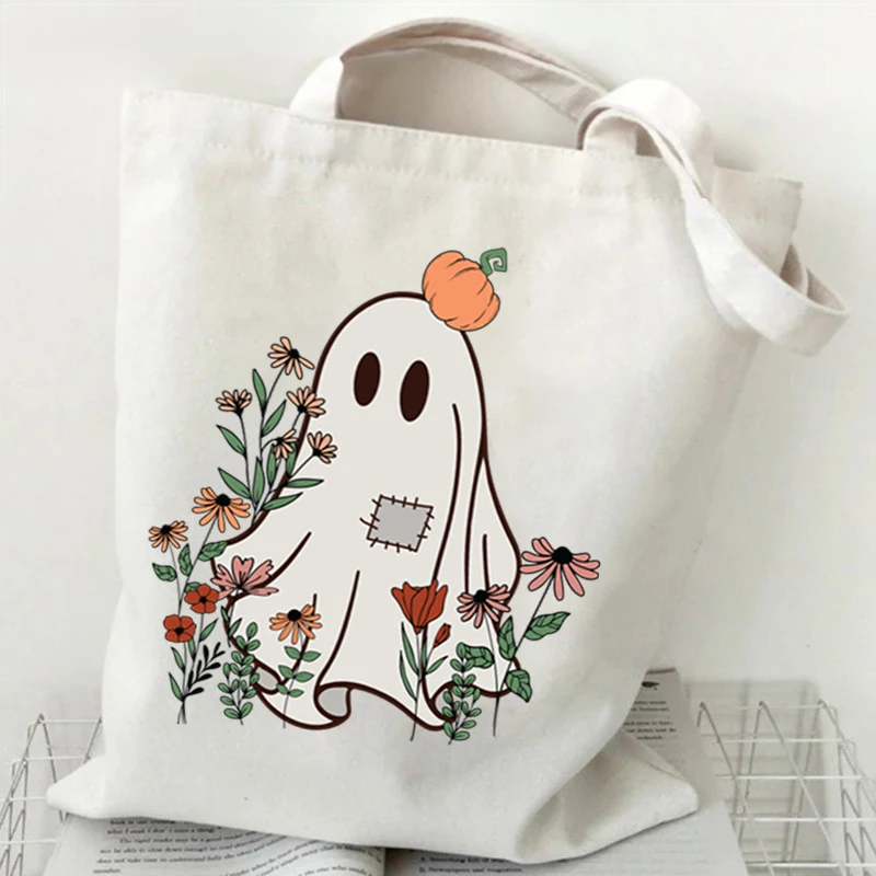 

"Paraormal Kitty" Halloween Shoulder Bag Women Funny Pumpkin Ghost Tote Bag Teen Casual Spooky Season Shopping Canvas Handbag