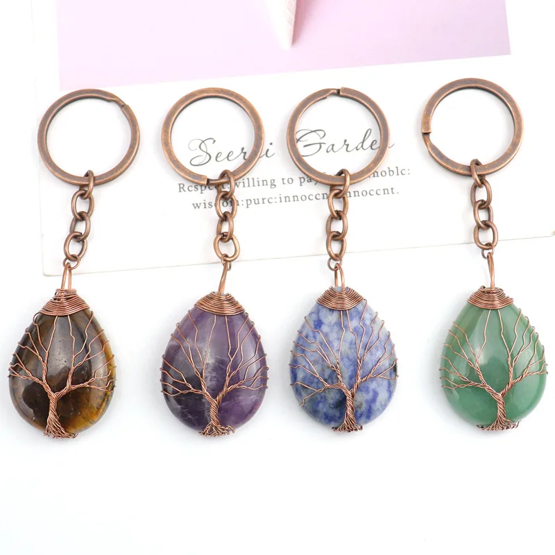 

10pcs Retro Handmade Tree of Life Waterdrop Keyrings Natural Stone Crystal Quartz Keychain Key Chain Key Ring Bag Acc Jewelry