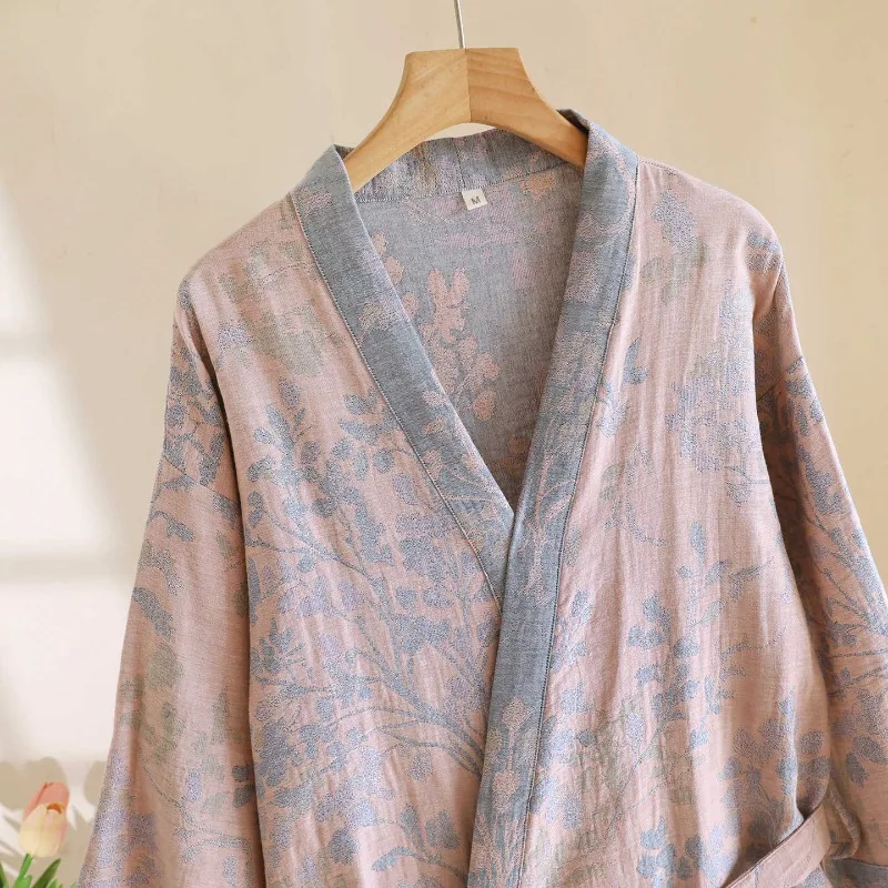 2026 New Women's Spring/Summer Sleeping Robe 100% Cotton Gauze Color Woven Jacquard Bathrobe Quick Drying Robe Sleepwear