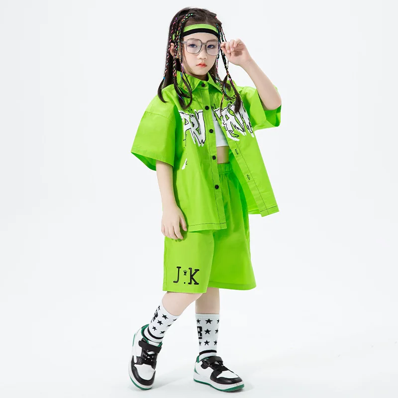 Ropa de Hip Hop para chico, camisa de manga corta de algodón verde y negro, pantalones cortos informales anchos de verano para niña y niño, traje de baile de Jazz