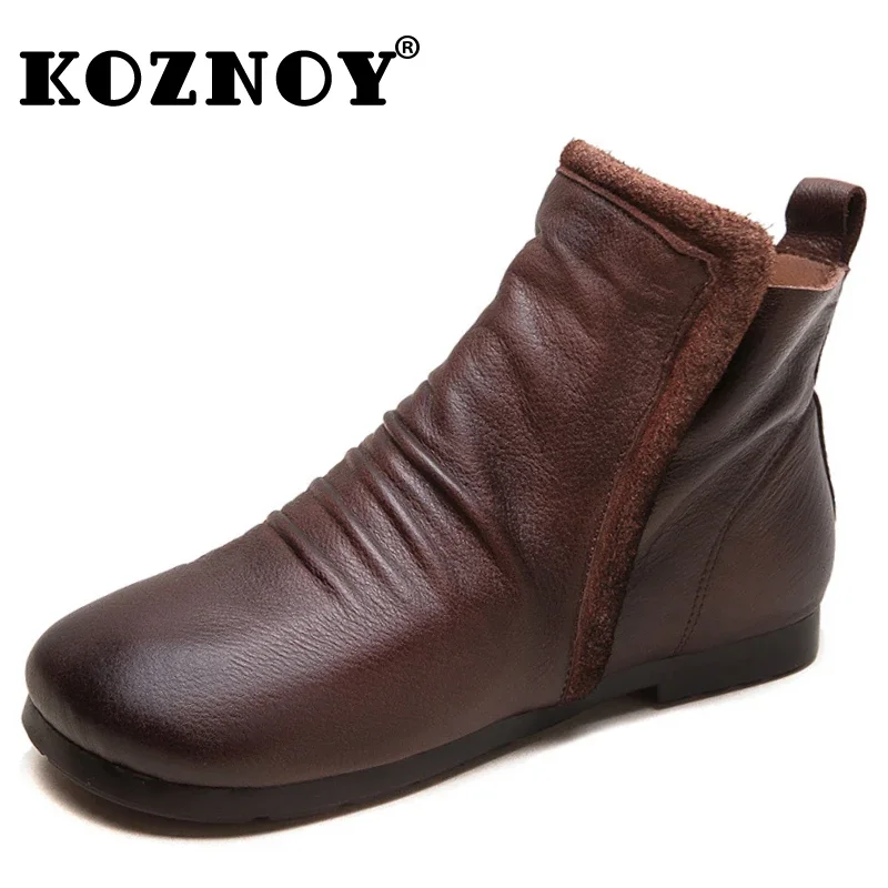 Koznoy 1,5 cm Kuh Echt leder ethnische Wohnungen Frühling klobige Absätze Frauen Wohnungen Stiefeletten Herbst Damen Mode Reiß verschluss Schuhe