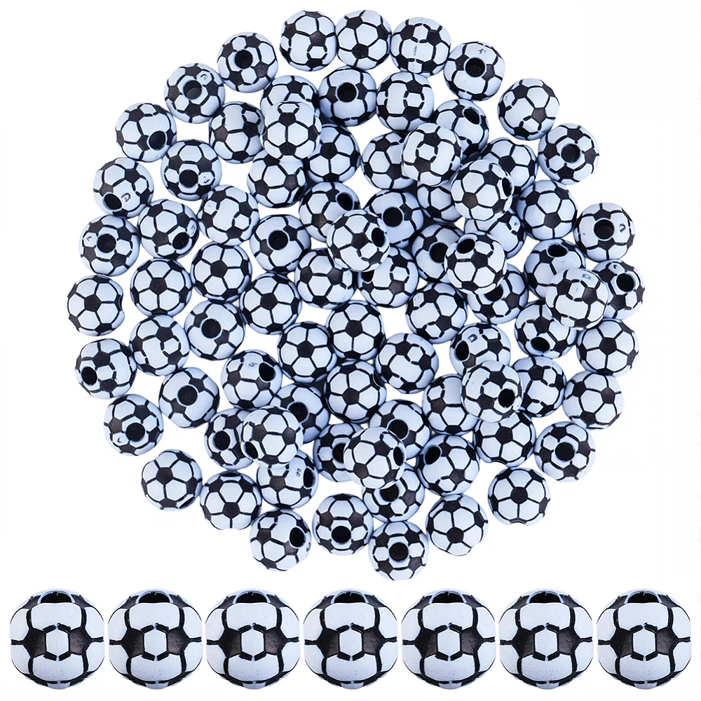 100Pcs Acrylic Soccer Ball Bead Round Sports Beads Bulk 11.5mm Big Five Football Leagues in Europe Balls Shaped Loose Spacers
