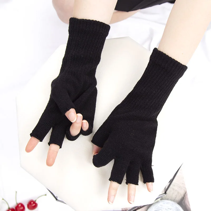 1Pair Black Unisex Half Finger Fingerless Gloves for Women Men Wool Knit Wrist Cotton Gothic Gloves Winter Warm Workout Gloves