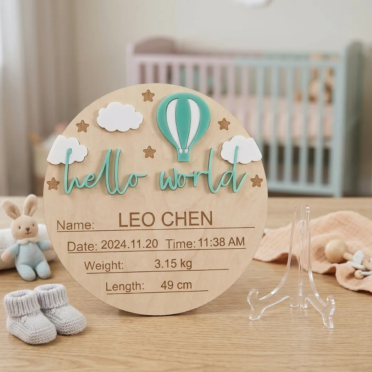 15cm Runde 3D Naturholz-Plakette mit Erhöhter Acryl-Beschriftung 'Hello World' zur Geburtsanzeige, Foto-Requisite – Detail 1