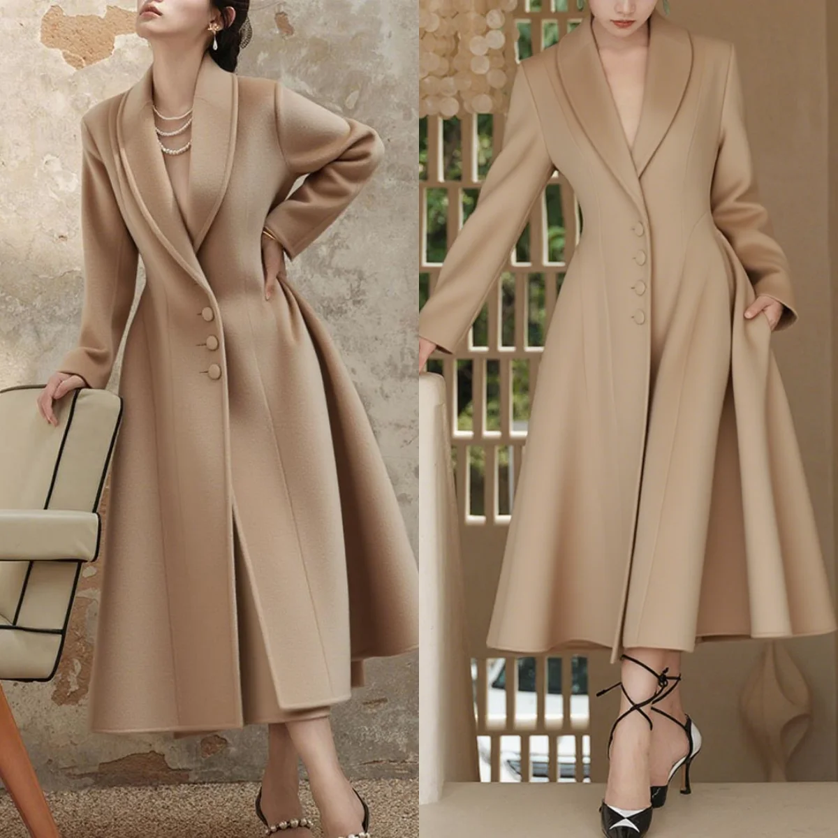 Elegant Women Long Coat Solid Color V-Neck Overcoat Lady Slim Fit Warm Single Breasted Blazer Jacket Dress Customized Made