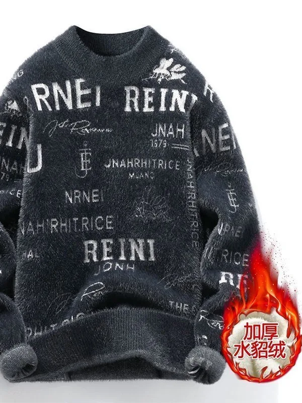 

Men's Thiened Winter Sweater f High Collar Mink Velvet Knitted Warm Casual Sle Polyester Fiber Long Sve Top