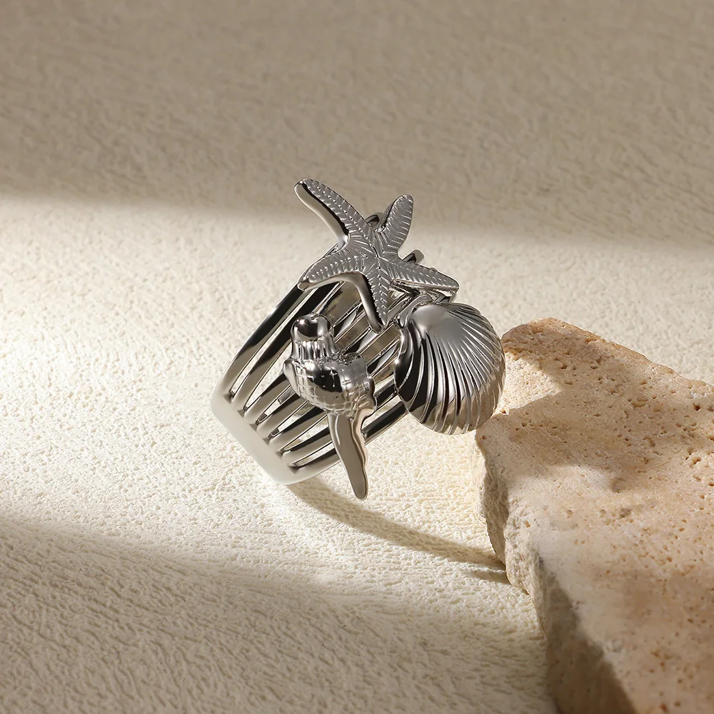 Stainless Steel Starfish Conch Open Rings Personality Shell Gold Color Rings Elegant Punk Vintage Jewelry Gifts For Women Bague