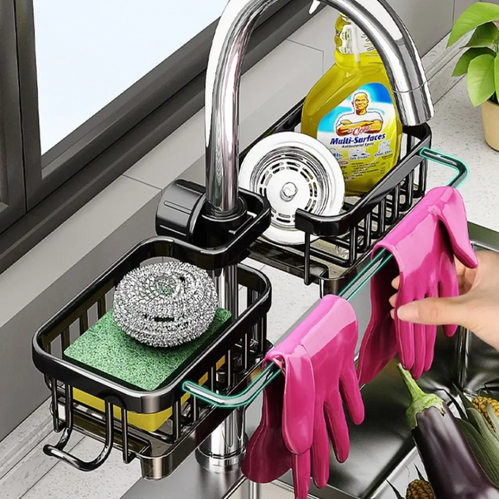 

Space Aluminum Kitchen Sink Drain Rack Bathroom Organizer Multipurppse Sponge Storage Basket Soap Drainer Shelf Save Space
