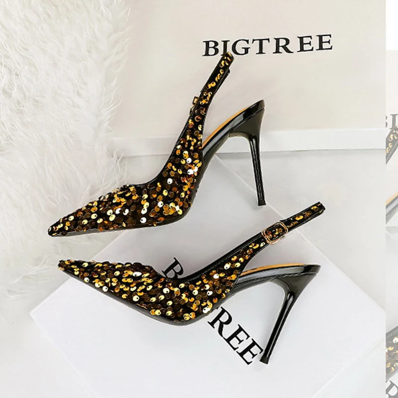 Bigtree-女性のためのスパンコール布のパンプス、先のとがったつま先、薄いヒール、中空のバックルストラップ、結婚披露宴、エレガントな女性の靴、春のファッション
