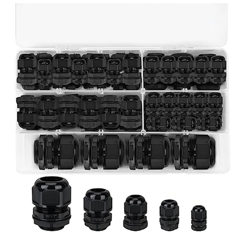 【Must-Haves】Waterproof Cable Gland NPT Adjustable Cable Connector 1/4In 3/8In 1/2In 3/4In1in For Waterproof Junction, 52 Pcs Eas
