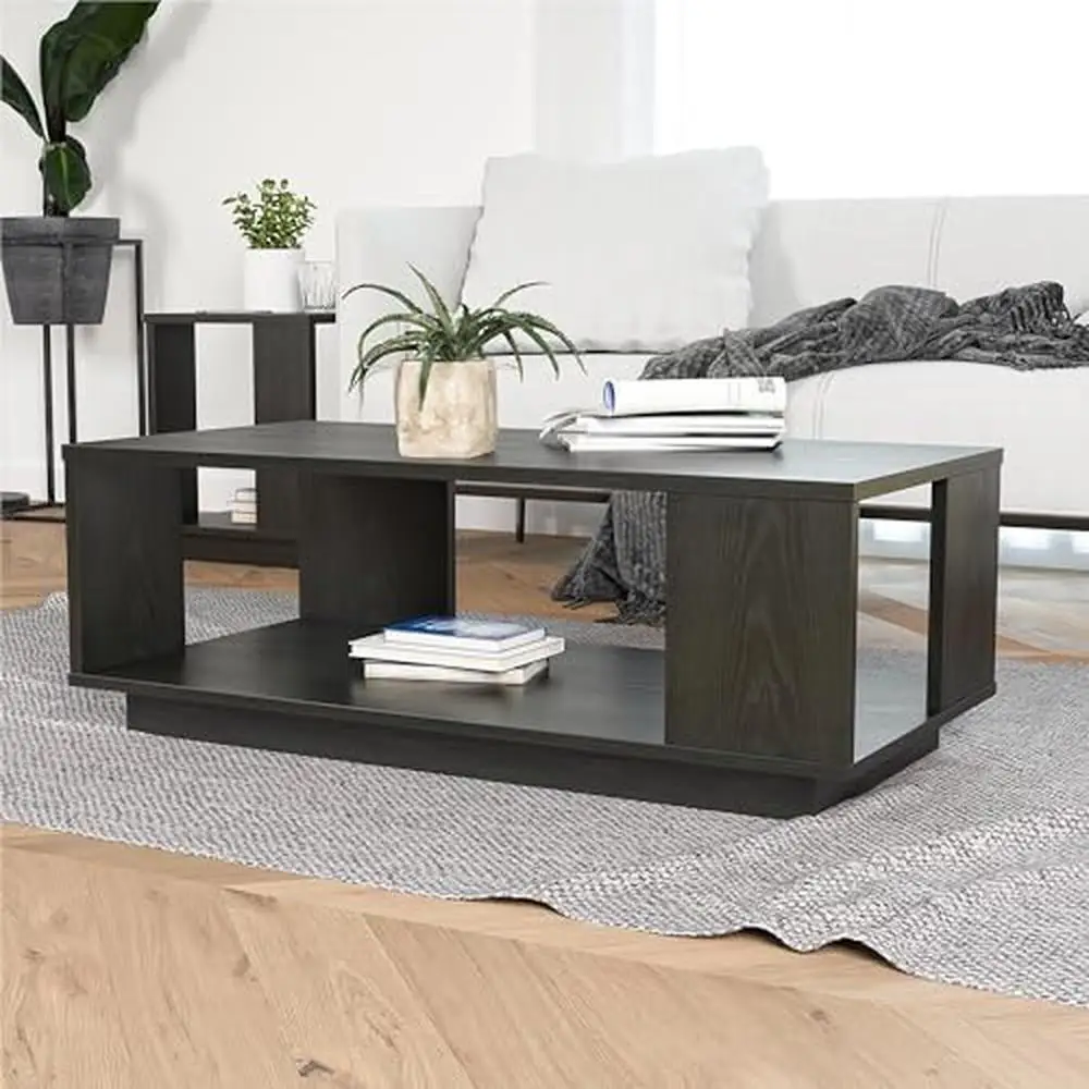 Contemporary Rectangle Coffee Table Black Oak Lower Shelf Eco-Friendly Easy Assembly Sleek Design Chic Focal Point Display Decor