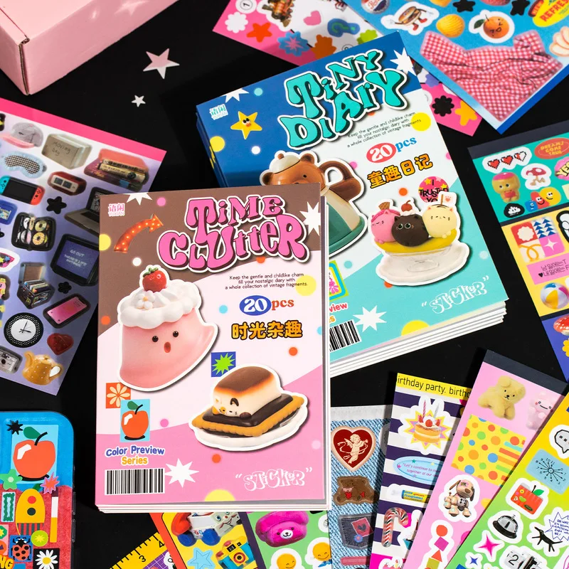 20Pcs Color Preview Series Coated Paper Vintage Sticker Book Cute Cartoon Food Decals for Scrapbook Journal DIY Crafts
