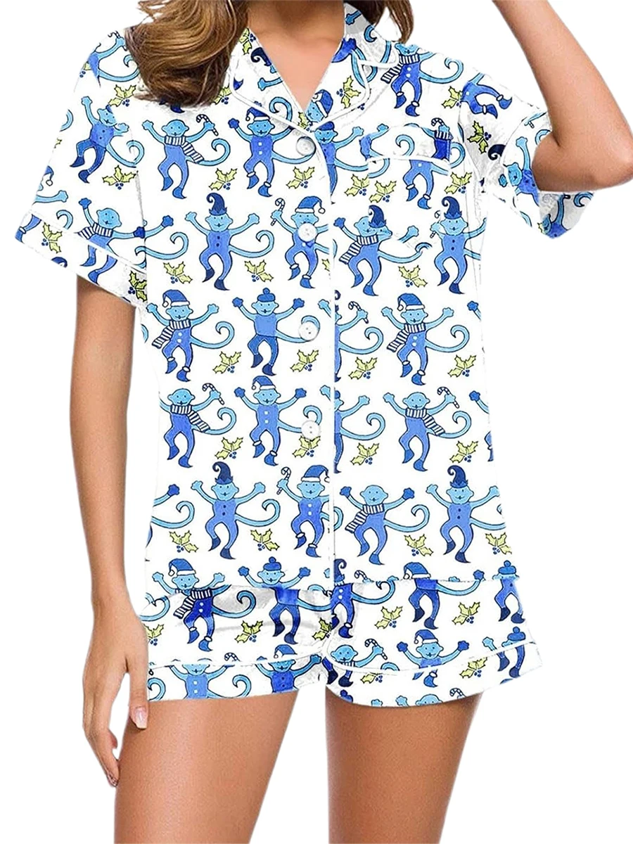 

Women Monkey Pajamas Shorts Sets Y2k Rabbit Dupes Roller Pjs Button Down Shirt Top Casual Lounge Shorts Preppy Sleepwear