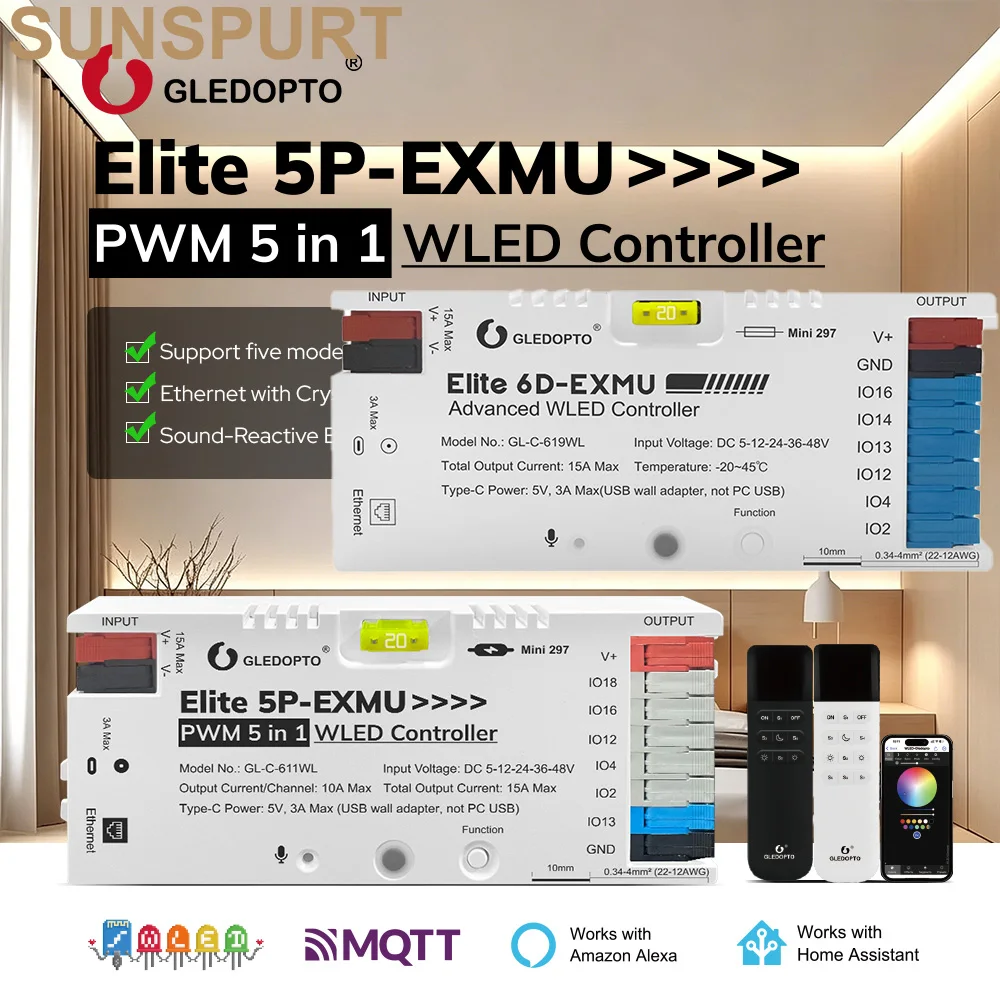 10P GLEDOPTO ESP32 SPI PWM WLED LED Controller 5 Modes In 1 DC 5-12-24-36-48V 611/619Wifi App Control For RGBCCT RGBIC281X Strip