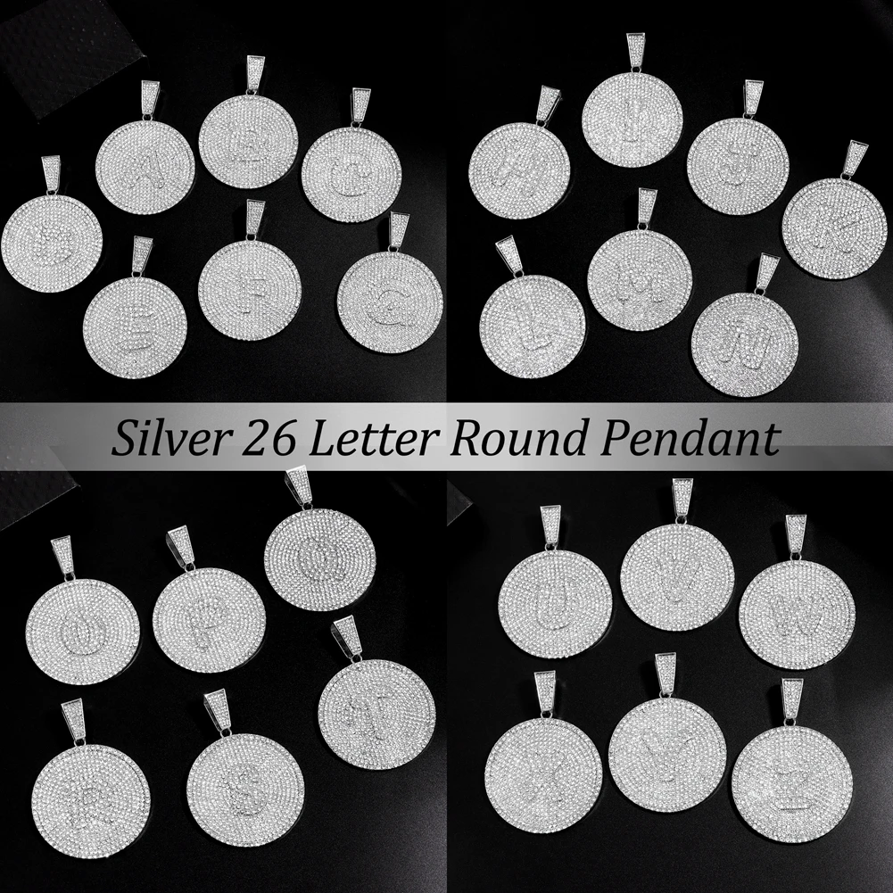Iced Out Round Initial Pendant Necklace 14MM Rhombus Cuban Link Chain 26 Letters Chain Necklaces Women Men Hiphop Jewelry
