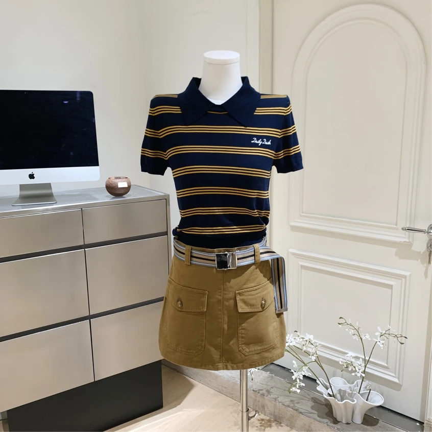 

Women's Summer Chic School Style Polo Collar Short Sleeve Knitted T Shirt Lady Streetwear Vintage Stripe Pullover Sweater