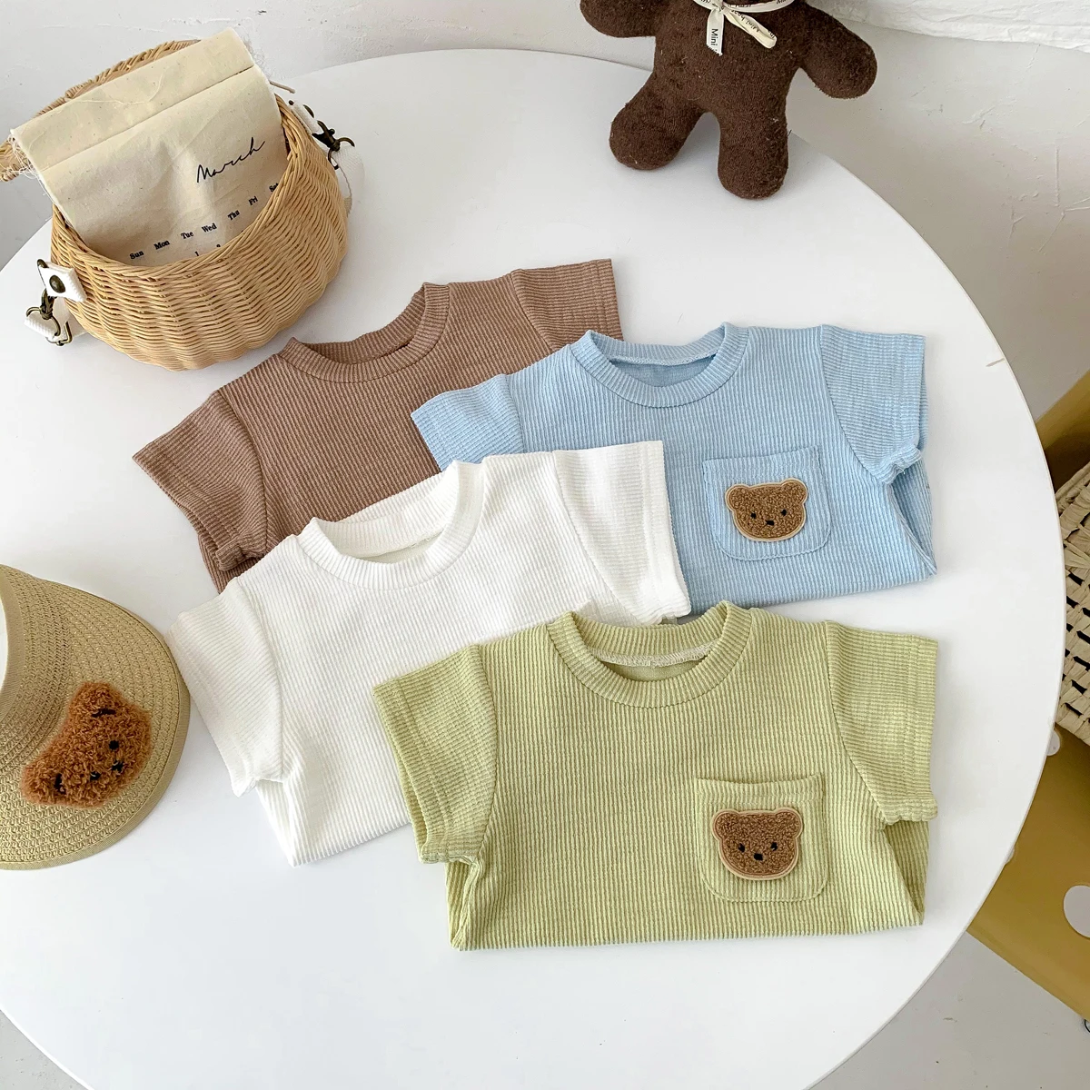 Summer Baby Clothes Newborn Jumpsuit Boy Romper Solid Color with Pockets Bear Embroidery Print 0-2yrs