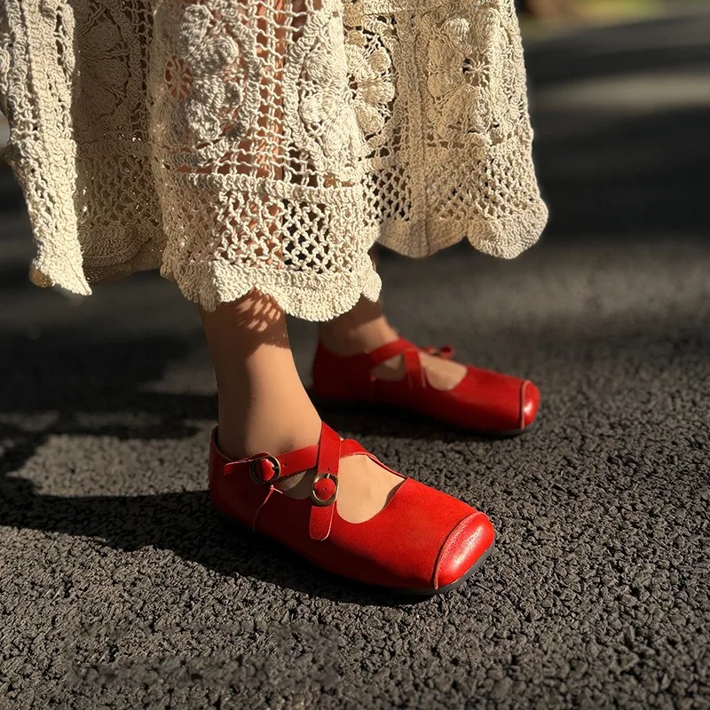 

Женские туфли Birkuir на низком каблуке с перекрестными ремешками, ретро-стиль, с пряжкой, весна 2026, из натуральной кожи, с квадратным носком, класса люкс