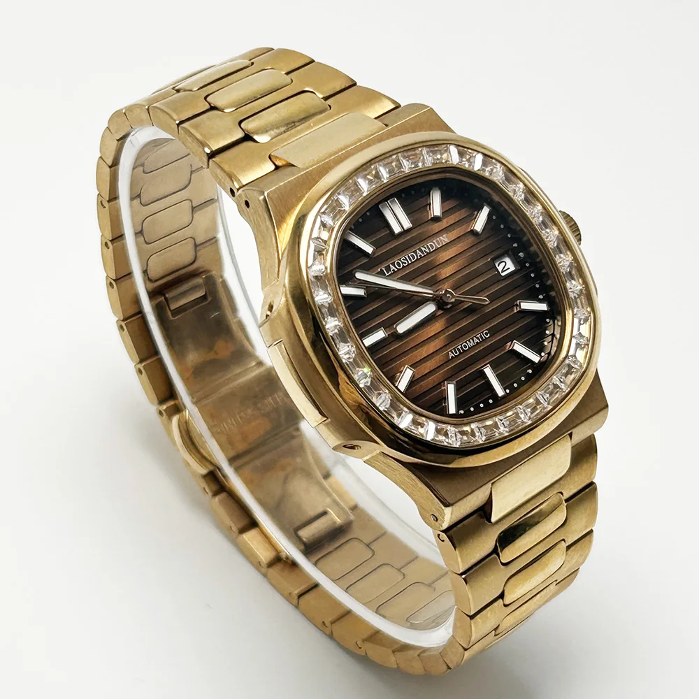 40.5mm Case Diameter Luxury Rose Gold Diamond Bezel Men Mechanical Watch,Luminous,50M Waterproof,Date Display Business Casual