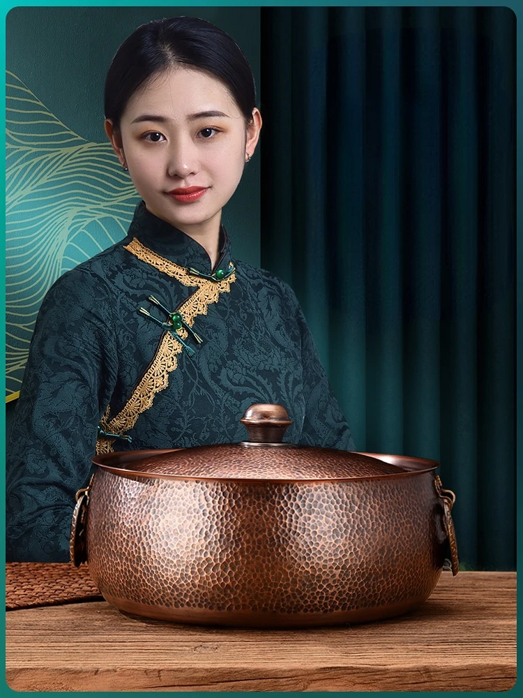 Copper Hot Pot Induction Cooker Pure Copper Mandarin Duck Pot Handmade Flat-bottom Soup Pot Cookware Soup and Stock Pots Hotpot