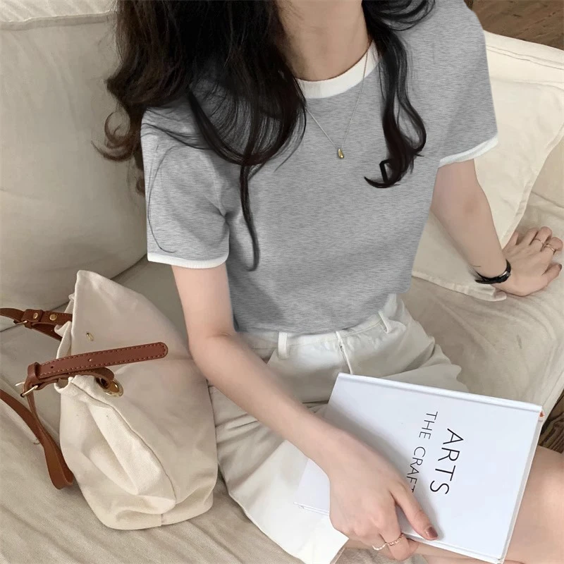 Retro Korean Style Short Sleeve T-Shirt Women's Slim Fit Printed Design Pure Color High Waist Knitted Cotton Summer New Arrival