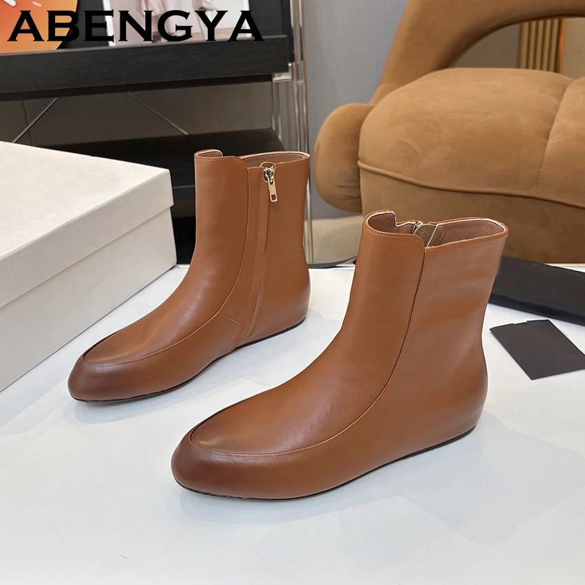 2025 الخريف موجزة جلد طبيعي حذاء من الجلد النساء جولة تو الجانب سستة تشيلسي الأحذية الإناث النمط البريطاني قصيرة بوتاس موهير #6