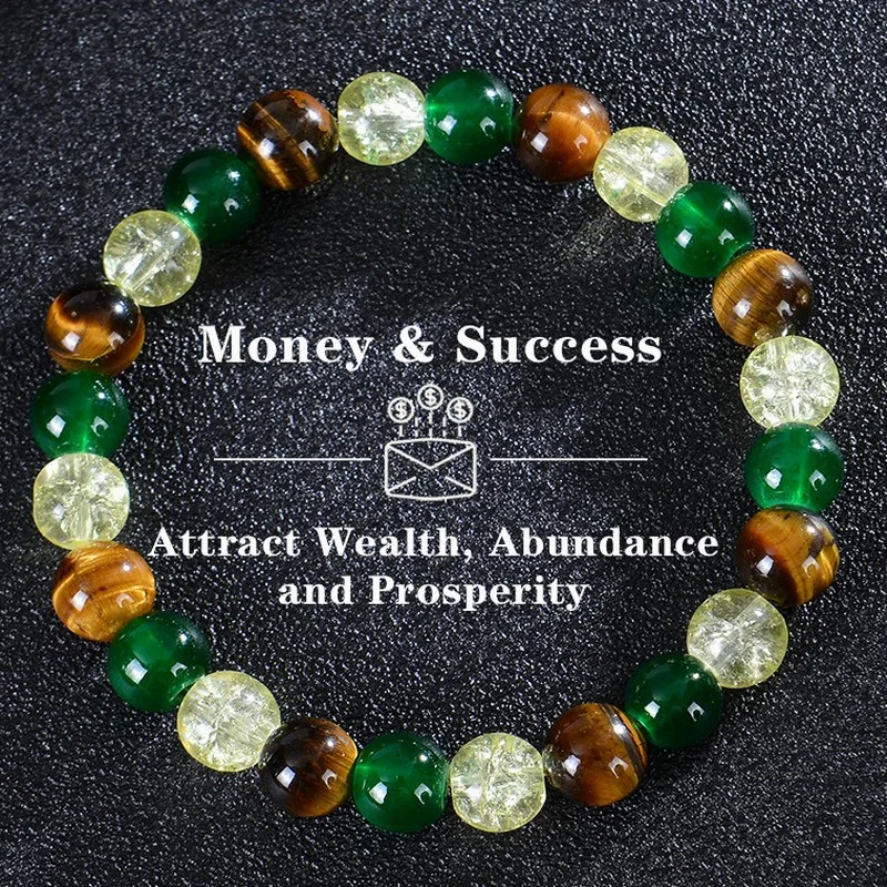Natural Tiger Eye Crystal Green Agate Handmade Beaded Bracelet For Men Women Wealth Money Success Jewelry Gift
