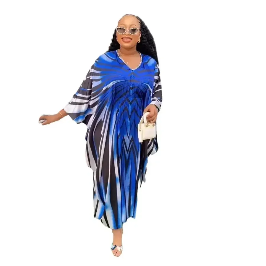 

Spring Summer Fashion Printed Robe Dress African Women Casual V-neck Bat Sleeve Loose Dress Women