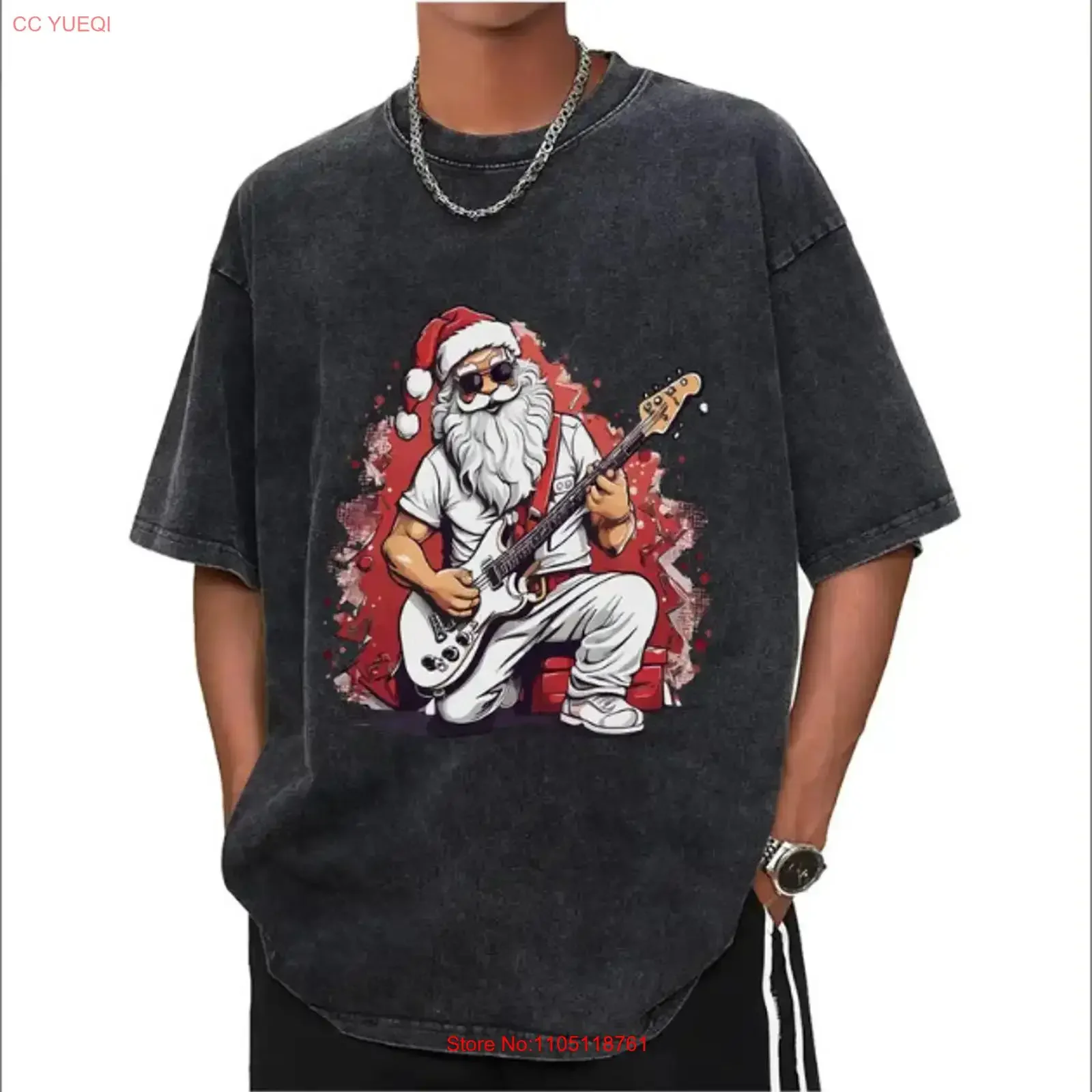 Men Santa Playing Guitar Christmas Print T Shirt vintage Washed Top For Everyday Wear streetwear Slightly Stylish Versatile