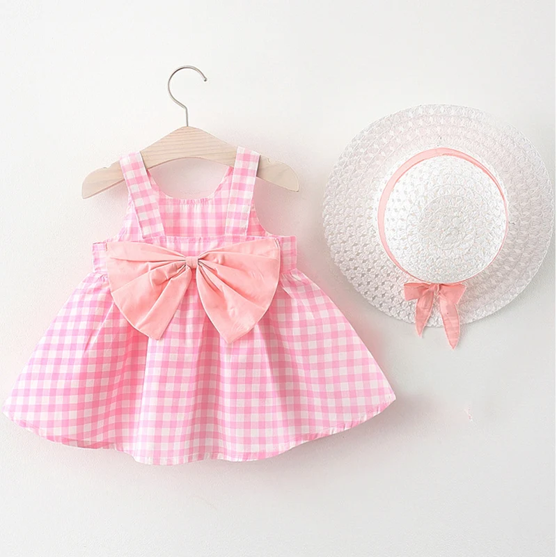 

New In Summer Baby Girl Dresses Korean Cute Plaid Flowers Sleeveless Princess Kids Dress+Sunhat Newborn Clothes 2Piece Set BC020