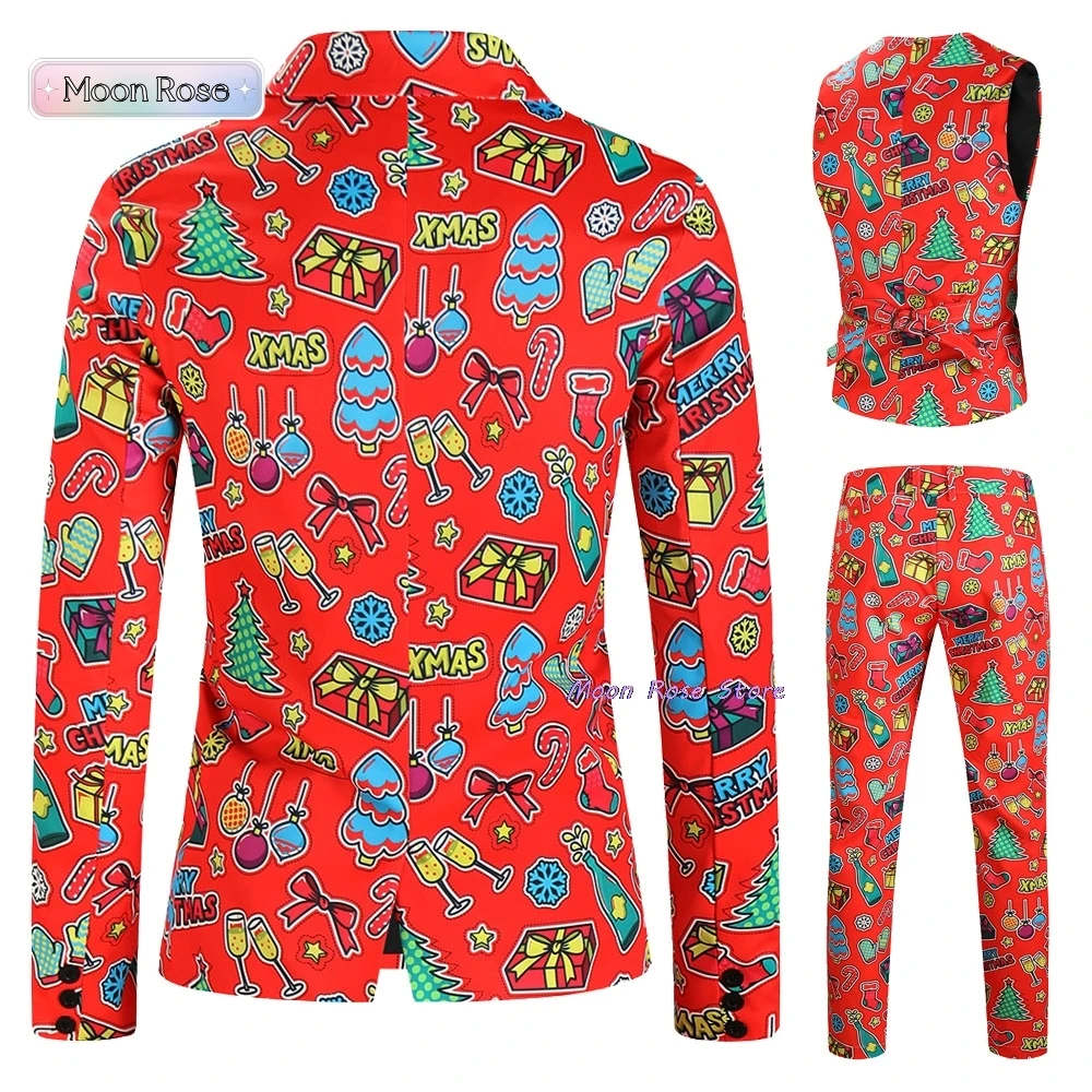 Anime costume Men's Christmas Casual Business Suit 3 Piece One Button Jackets Pants Funny Xmas Snowman Elk Printed Sets for Men