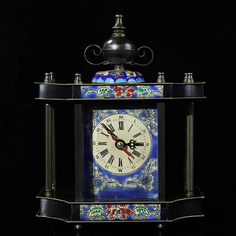 Solid Brass Table Clock Western Mechanical Enamel Desktop Clock Retro Decorative Desk Clocks Casual Home Living Room Ornaments