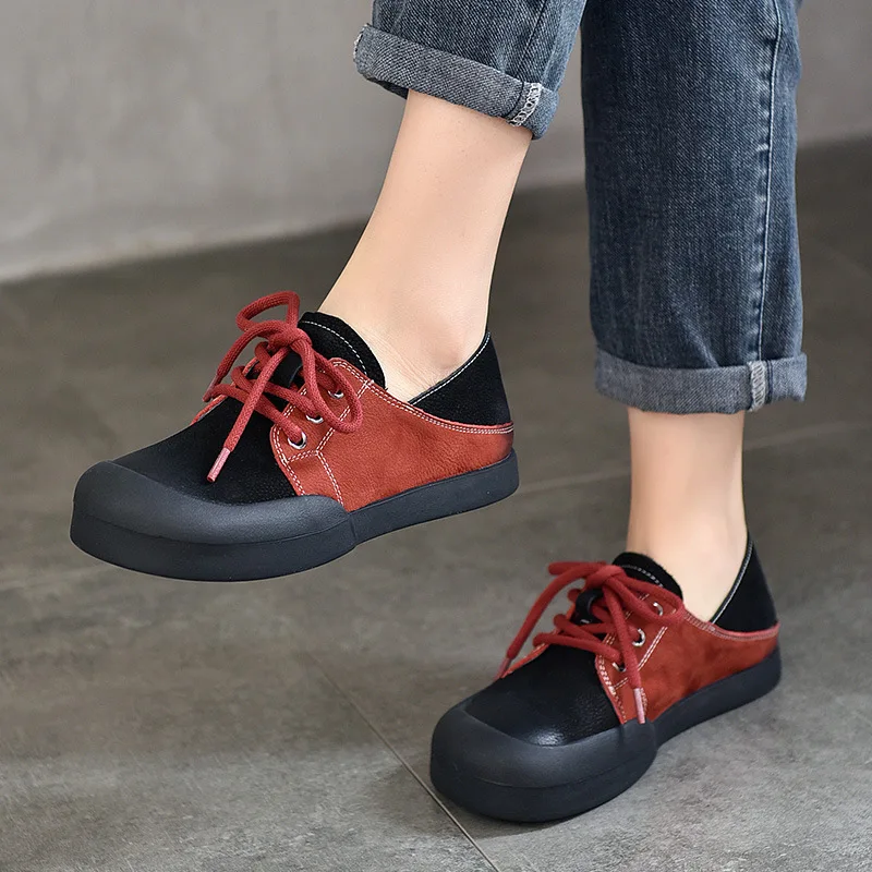 Flats Women Leather Shoes Red Black Low Heels Ladies Lace Up Handmade Genuine Leather Women Soft Causal Shoes Spring 2024