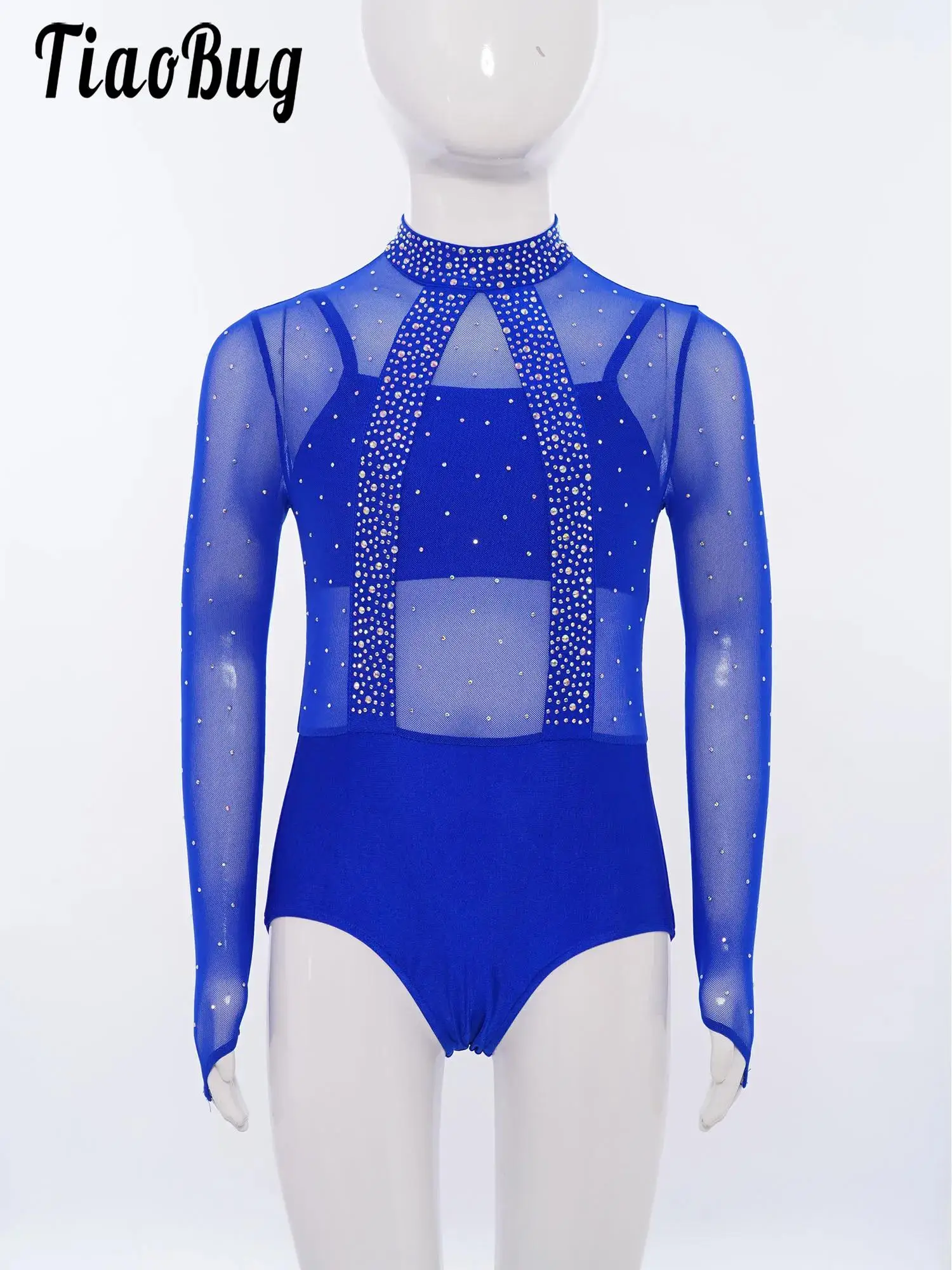 Girls Figure Skating Rhythmic Gymnastics Dance Leotard Kid Long Sleeve Rhinestones Sheer Mesh Bodice Leotard Ballet Show Costume