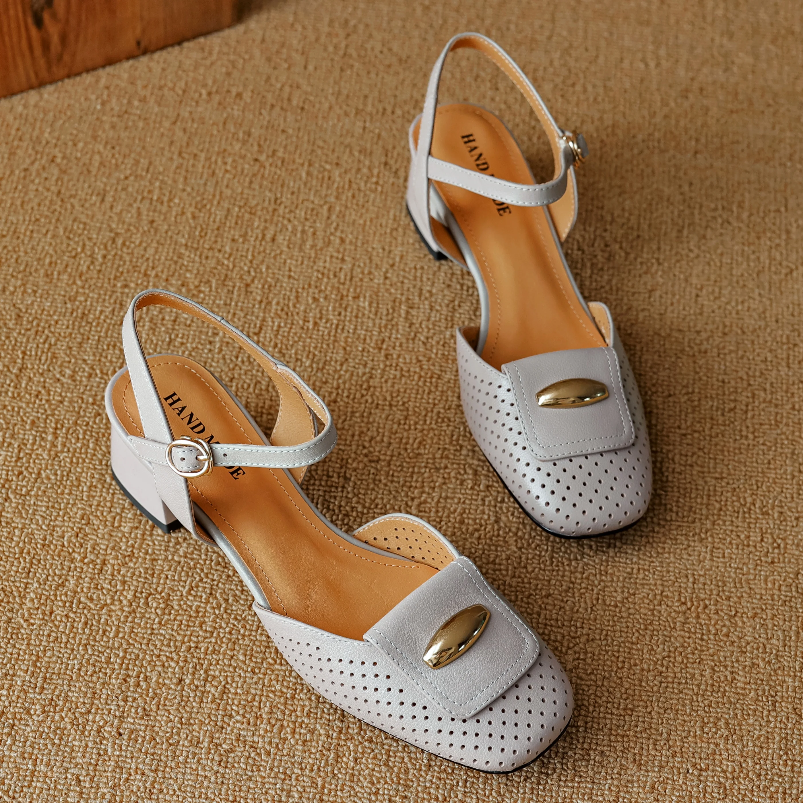 2024 Summer new women\'s genuine leather hollow-out breathable ankle strap sandals square toe elegant ladies dress pumps shoes 41