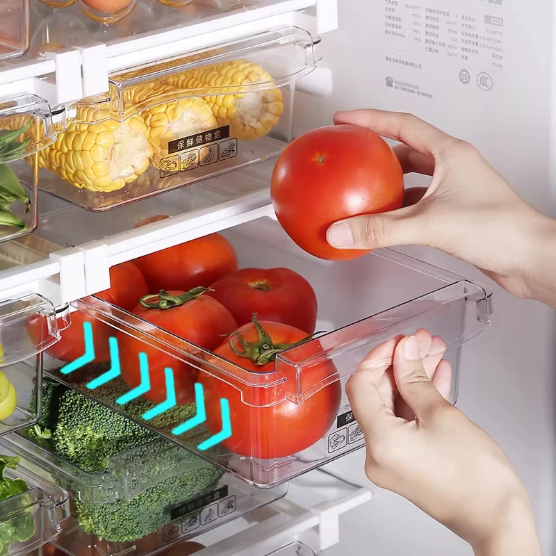 

Новый контейнер для хранения продуктов в виде выдвижного ящика для холодильника, машина для упаковки фруктов, подставка для полок, выдвижной пластиковый контейнер для приготовления пищи