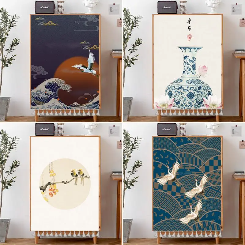 VIKAMA Chinese-Style Crane Wave Cabinet Cover Curtain No-Drill Hook-and-Loop Blue & White Porcelain Print Cupboard Cover