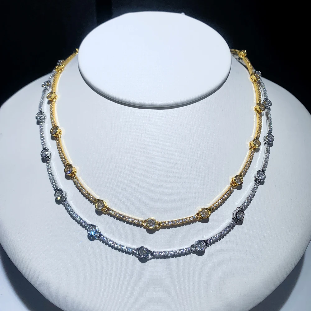 Micro Pave 5A Cubic Zirconia CZ Bar Band Charm Tennis Chain Choker Necklace Gold Color Fashion Women Jewelry