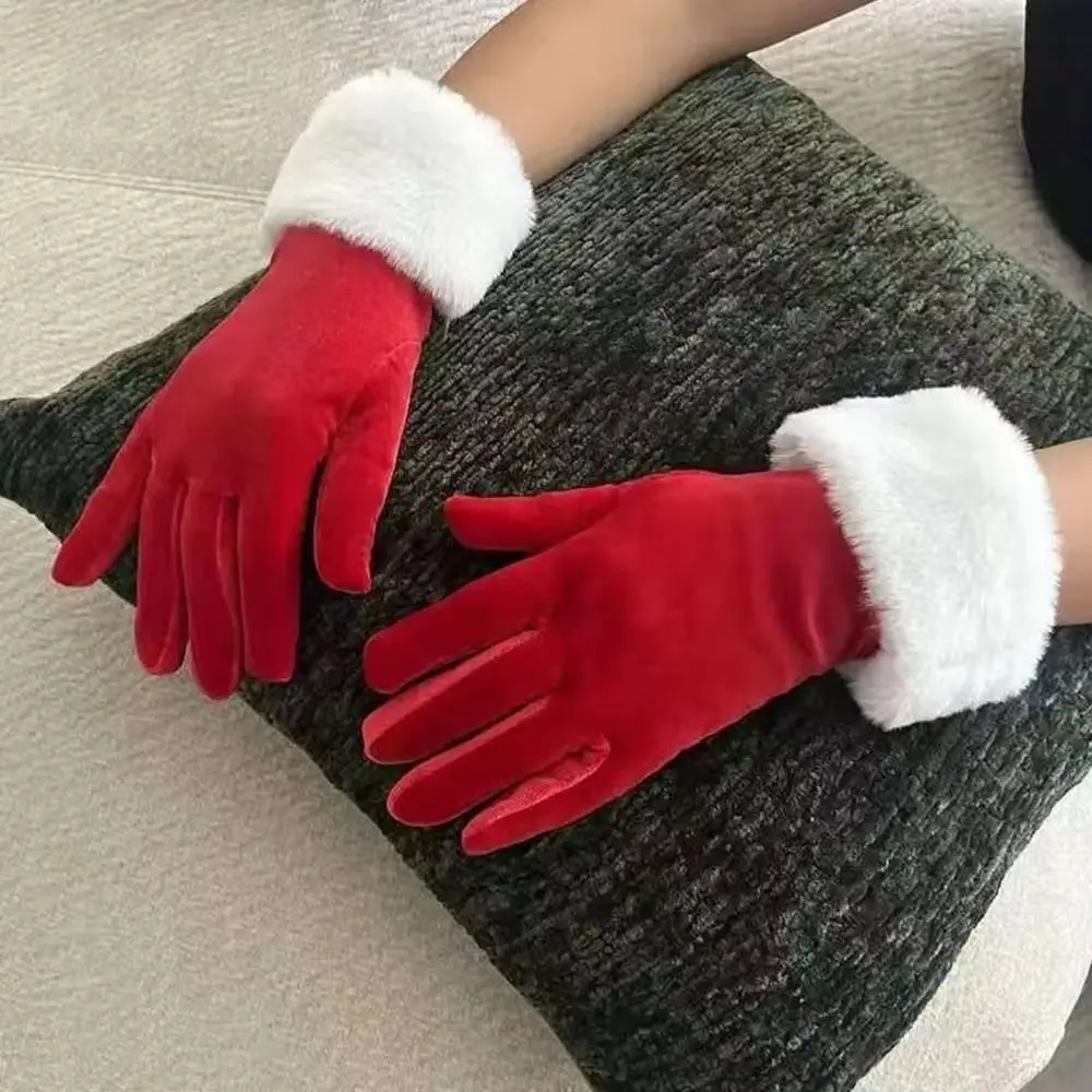 Thickened Christmas Gloves Warm White Fur Trim Full Finger Gloves Comfortable To Wear Soft Santa Claus Gloves Winter