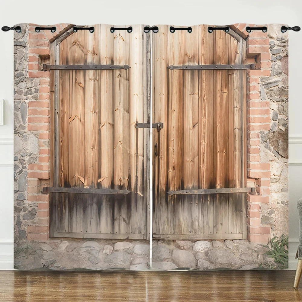 Rustic Wooden Barn Window Drapes Old Garage Door Outside Scenery Curtains for Home Bedroom Living Room Window Curtains 2 Panels