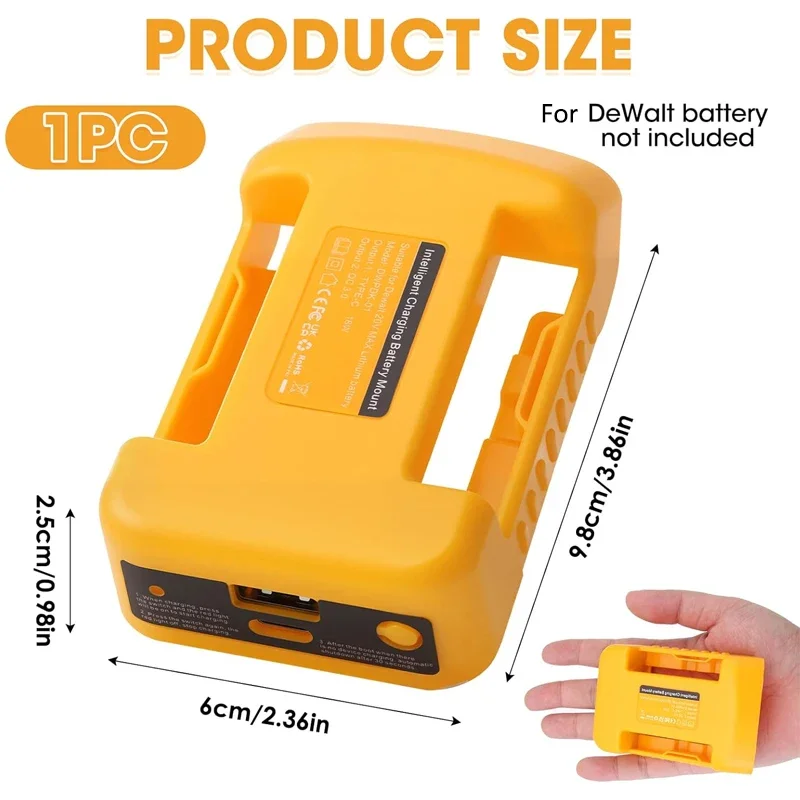 Li-ion Battery Charger Adapter for Dewalt 18V 20V Battery with USB & Type-C Output Ports Fast Charging Interface USB Charger