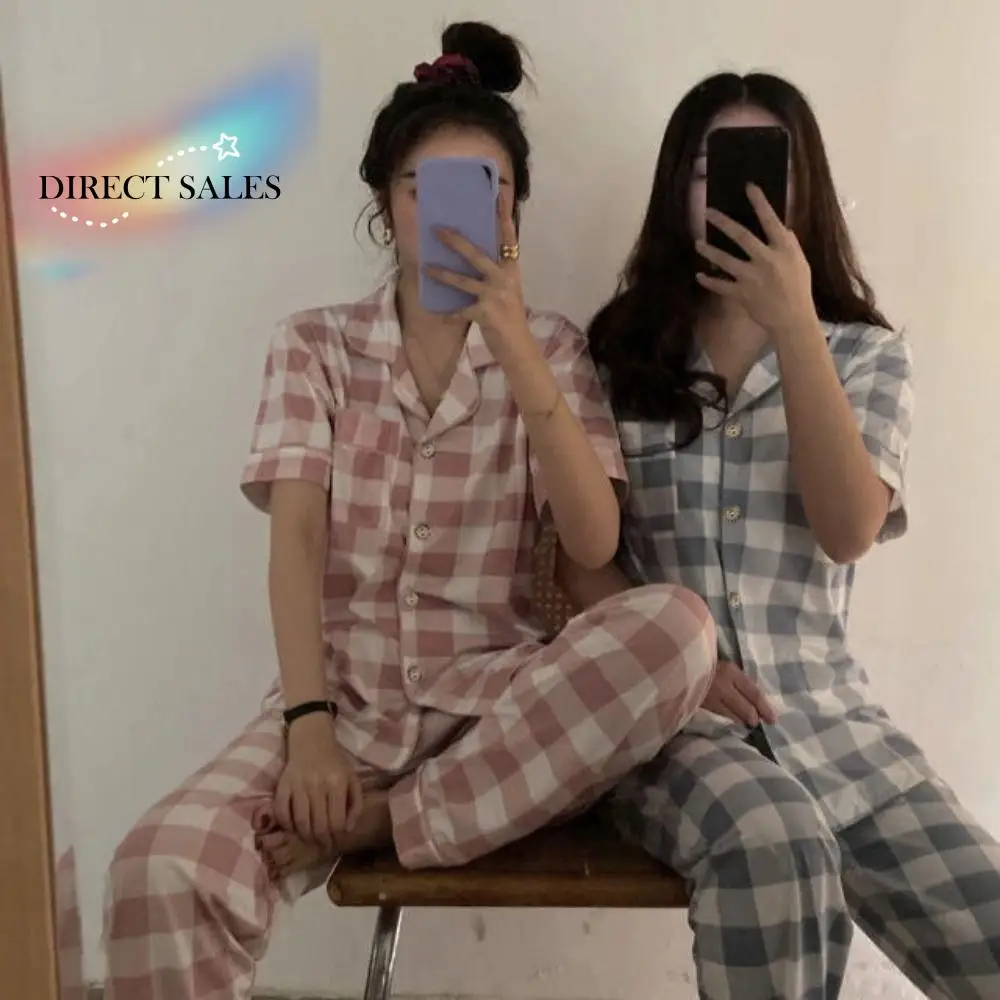 

Sweet Short Sleeve Grid Pajama Suit V Neck Slim Fit Tops Pants Nightwear Women Sleepwear Two Pieces Pajama Sets Home