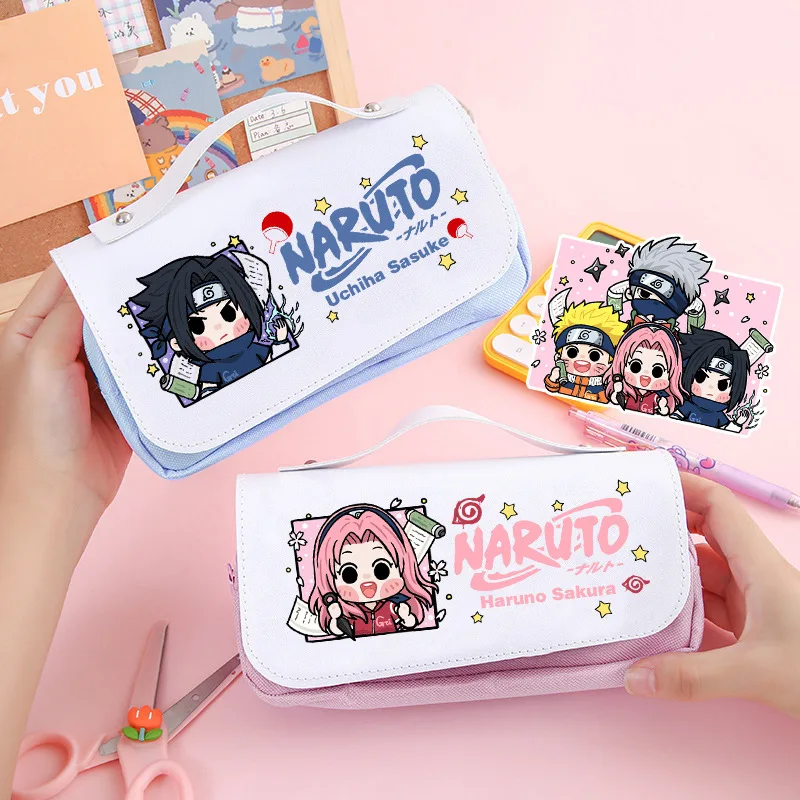 Estuche para lápices de gran capacidad de Naruto versión Q figura de Anime Uchiha Sasuke Haruno Sakura Kakashi caja de lápices para niños bolsas de lápices Kawaii