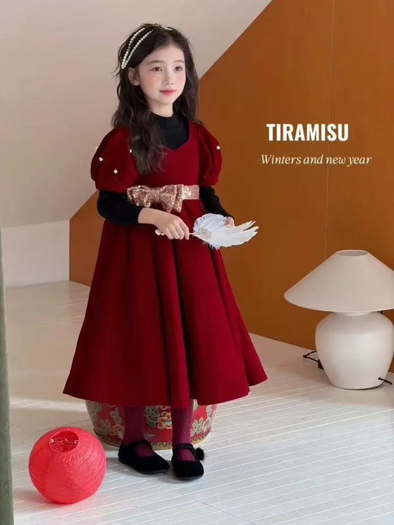 Girls Vest Dress 2026 Autumn and Winter Children Red Velvet Princess Dress Skirt Bow Piano Performance 100-150CM