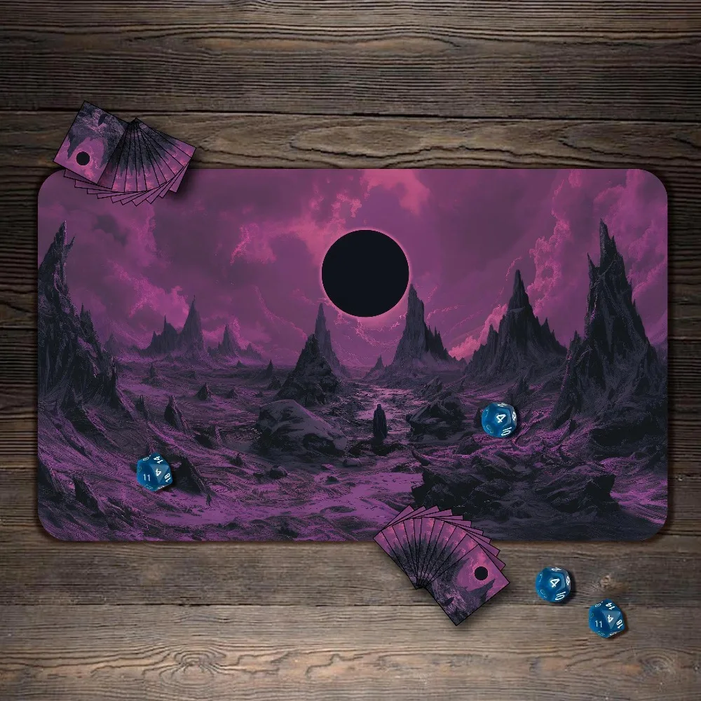 Purple Eclipse Alien Wasteland TCG Playmat Black Sun Spiky Mountains Fantasy Landscape Premium Rubber Large Gaming Desk MAT
